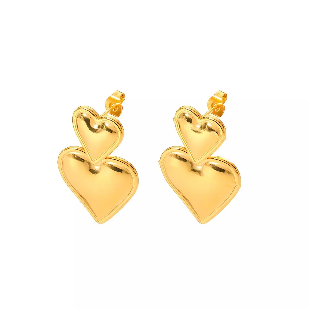 1 Pair Sweet Fresh Style Double Heart Shape Enamel Stainless Steel 18K Gold Plated Women's Drop Earrings 